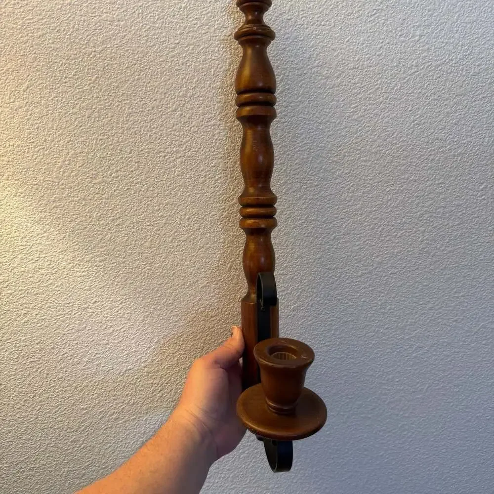 Vintage Wood and Metal Wall Sconces with Amber Diamond Point Glass Votives